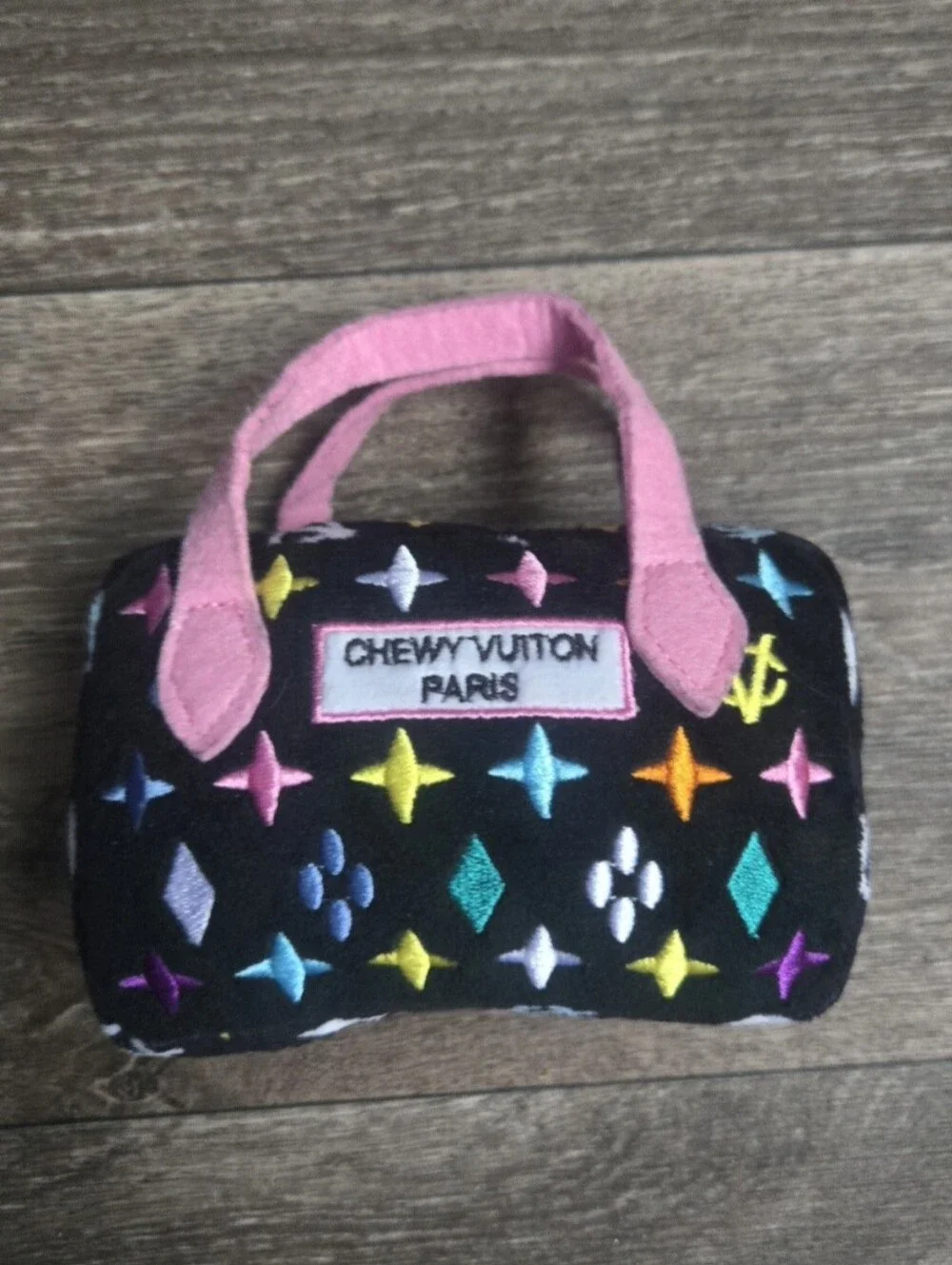 Haute Diggity Dog Chewy Vuiton Plush Handbag Purse Dog Toy Black Multicolor NWOT
